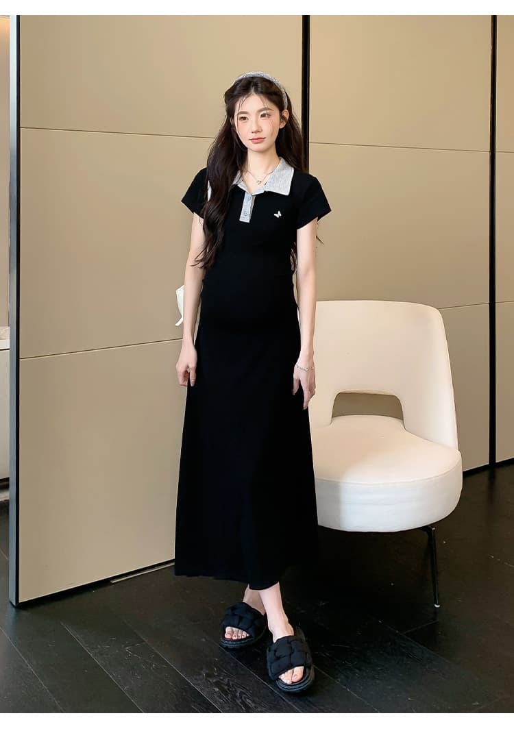 실사 지금 지금 여름 작은 키 출산 착용 한국 스타일 패션 몸매 가꾸기 슬림해 보이는 패치워크 자수 임산부 드레스 상세 이미지 10