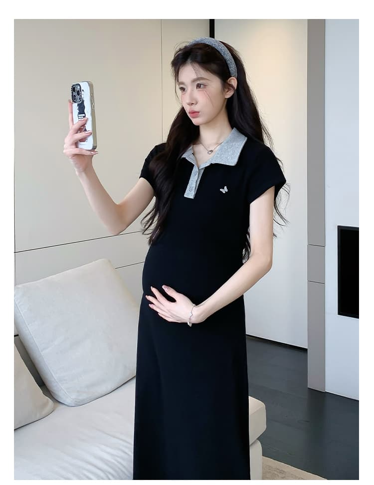 실사 지금 지금 여름 작은 키 출산 착용 한국 스타일 패션 몸매 가꾸기 슬림해 보이는 패치워크 자수 임산부 드레스 상세 이미지 13