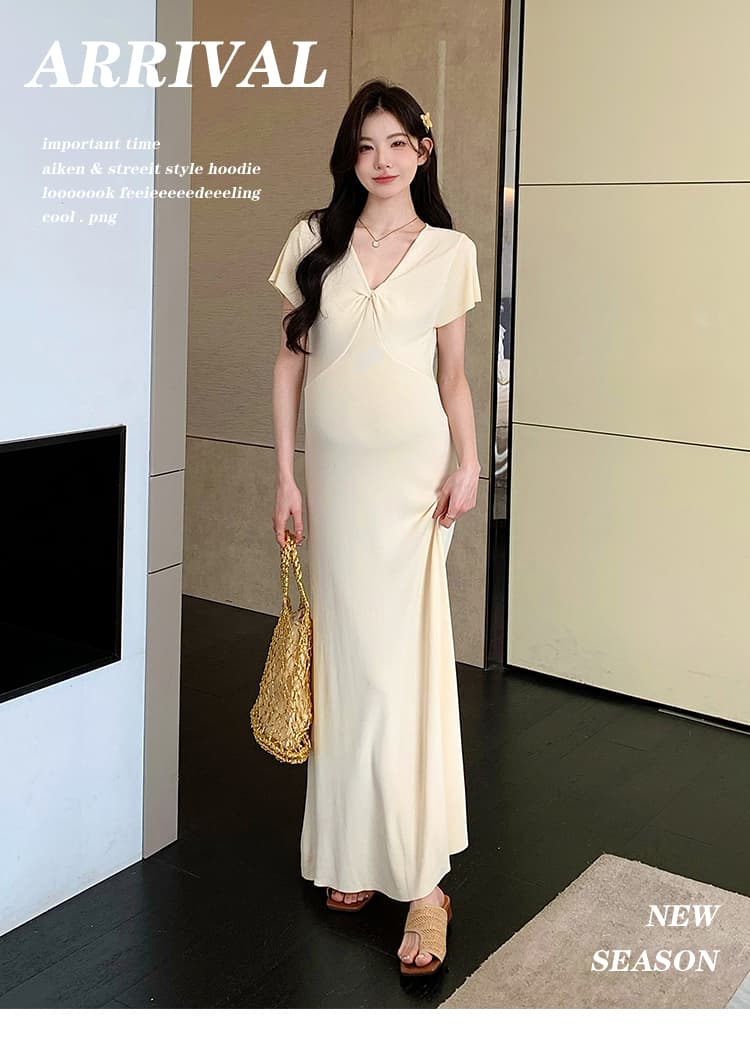 실사 지금 지금 높은 품질 얇은 스타일 차가운 센스 니트 임산부 여름 드레스 매운맛 엄마 몸매 가꾸기 V넥 임산부 드레스 상세 이미지 1