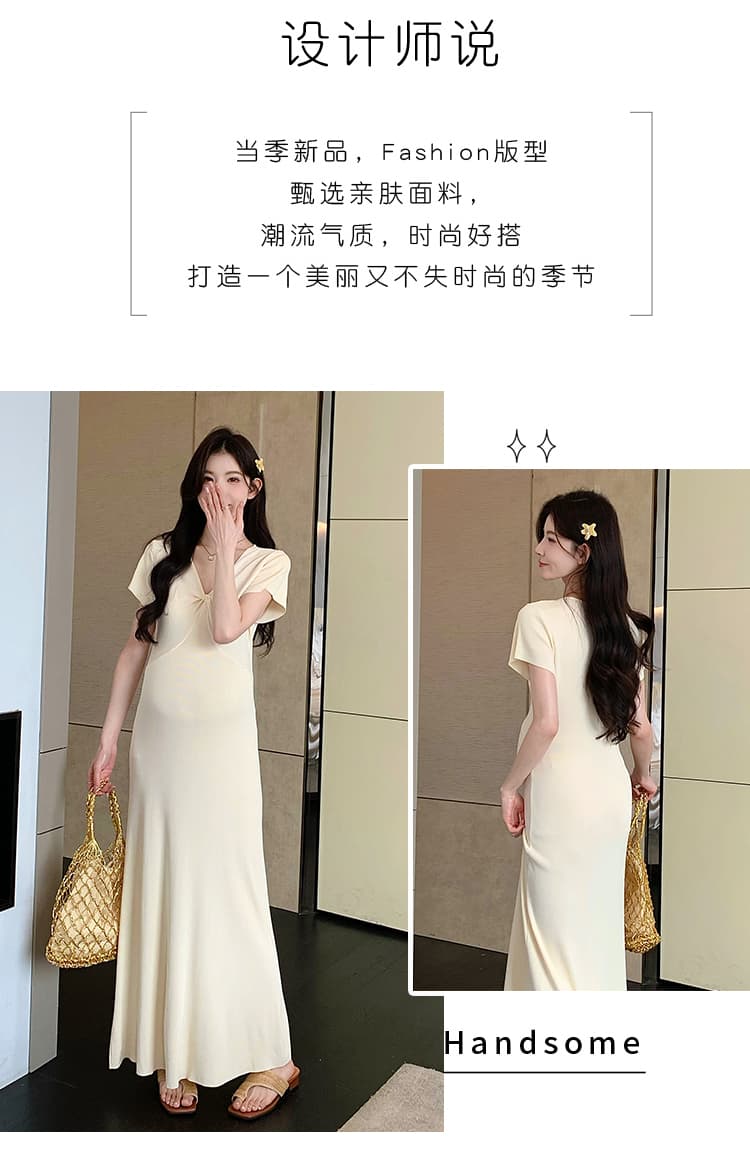 실사 지금 지금 높은 품질 얇은 스타일 차가운 센스 니트 임산부 여름 드레스 매운맛 엄마 몸매 가꾸기 V넥 임산부 드레스 상세 이미지 2