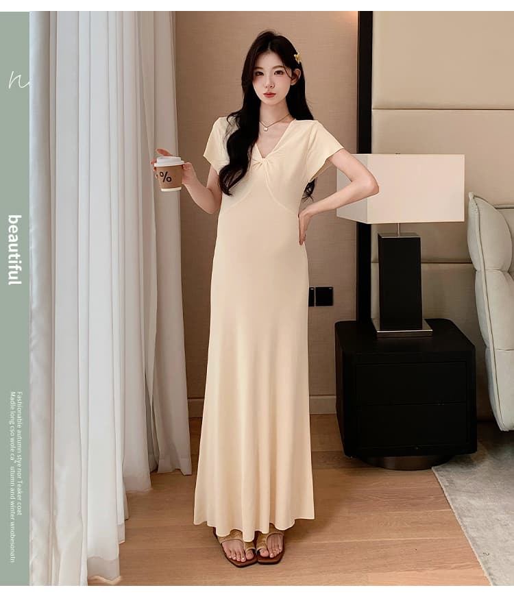 실사 지금 지금 높은 품질 얇은 스타일 차가운 센스 니트 임산부 여름 드레스 매운맛 엄마 몸매 가꾸기 V넥 임산부 드레스 상세 이미지 4