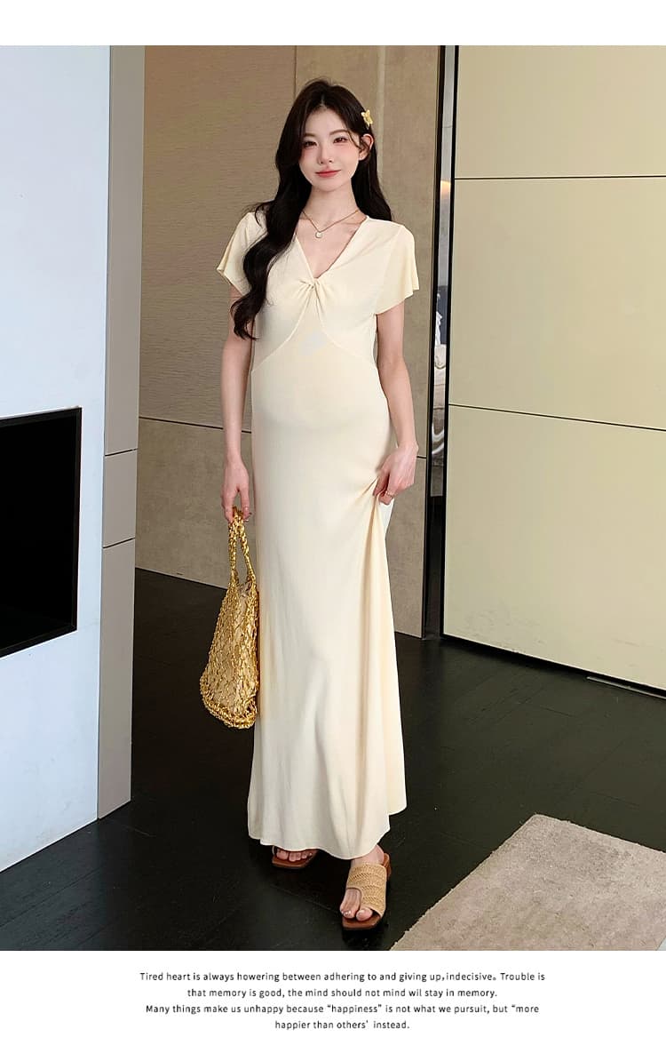 실사 지금 지금 높은 품질 얇은 스타일 차가운 센스 니트 임산부 여름 드레스 매운맛 엄마 몸매 가꾸기 V넥 임산부 드레스 상세 이미지 10