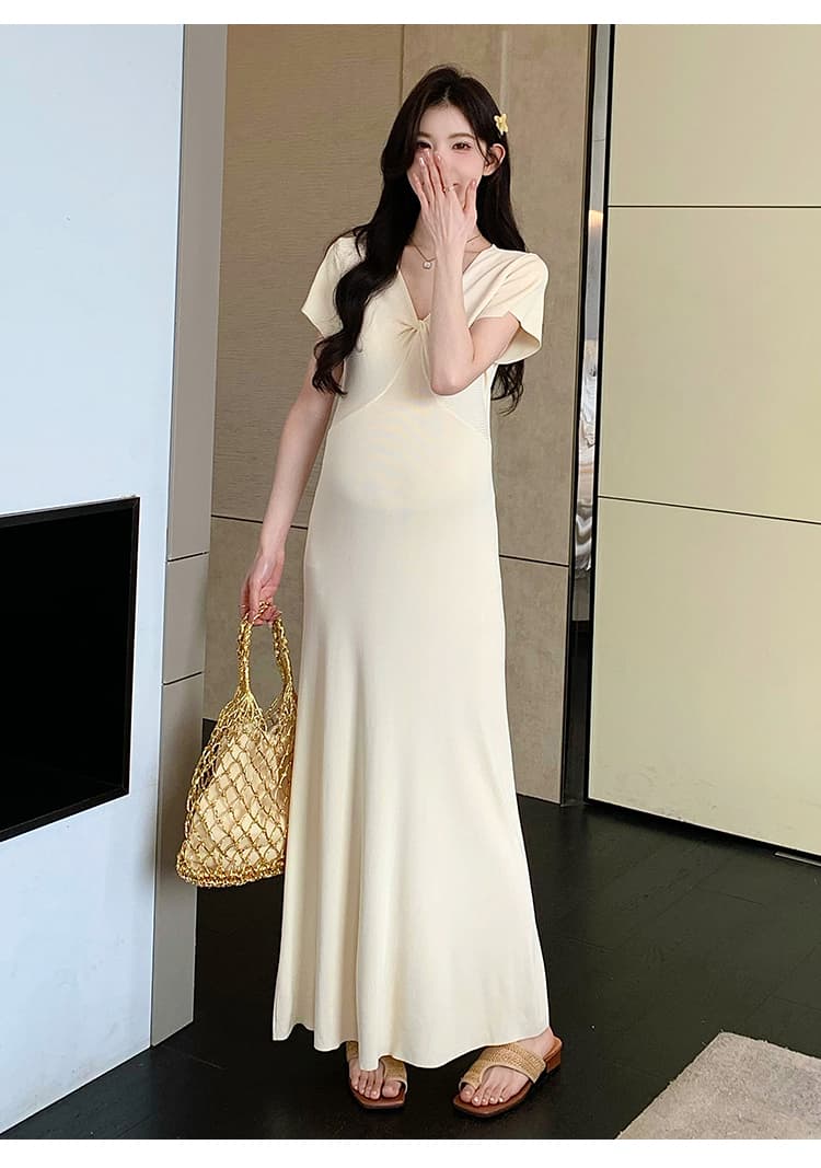 실사 지금 지금 높은 품질 얇은 스타일 차가운 센스 니트 임산부 여름 드레스 매운맛 엄마 몸매 가꾸기 V넥 임산부 드레스 상세 이미지 11
