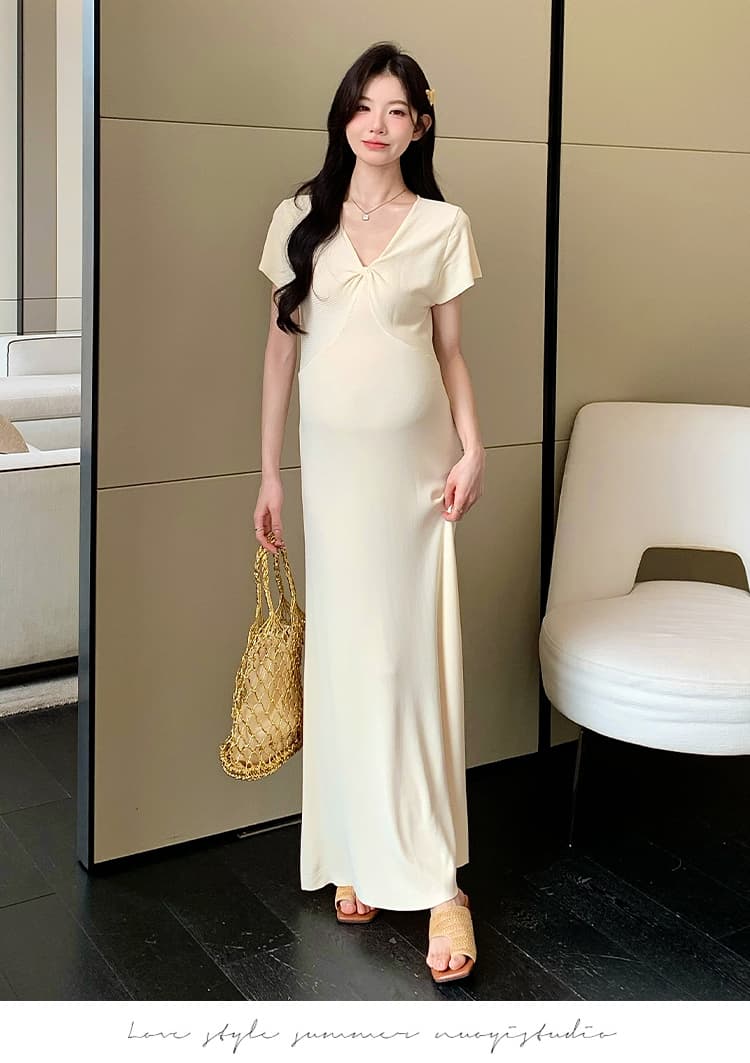 실사 지금 지금 높은 품질 얇은 스타일 차가운 센스 니트 임산부 여름 드레스 매운맛 엄마 몸매 가꾸기 V넥 임산부 드레스 상세 이미지 12