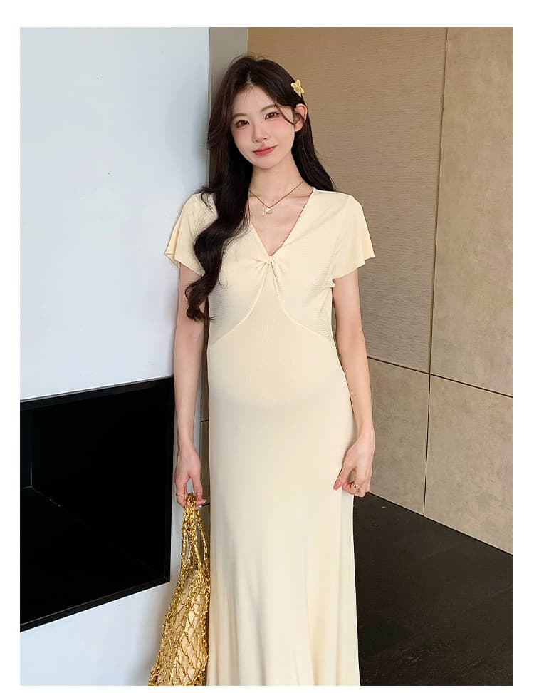 실사 지금 지금 높은 품질 얇은 스타일 차가운 센스 니트 임산부 여름 드레스 매운맛 엄마 몸매 가꾸기 V넥 임산부 드레스 상세 이미지 14