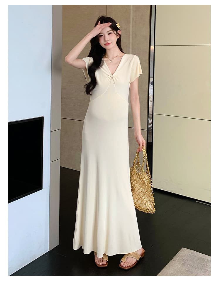 실사 지금 지금 높은 품질 얇은 스타일 차가운 센스 니트 임산부 여름 드레스 매운맛 엄마 몸매 가꾸기 V넥 임산부 드레스 상세 이미지 15