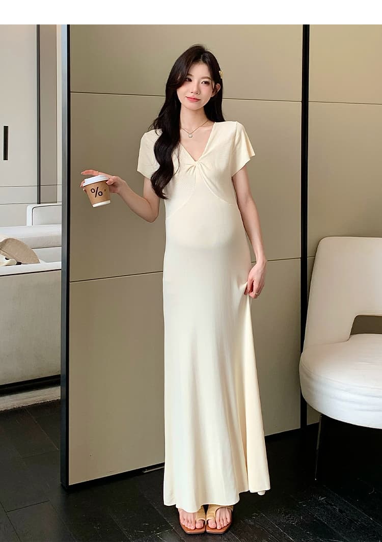 실사 지금 지금 높은 품질 얇은 스타일 차가운 센스 니트 임산부 여름 드레스 매운맛 엄마 몸매 가꾸기 V넥 임산부 드레스 상세 이미지 17