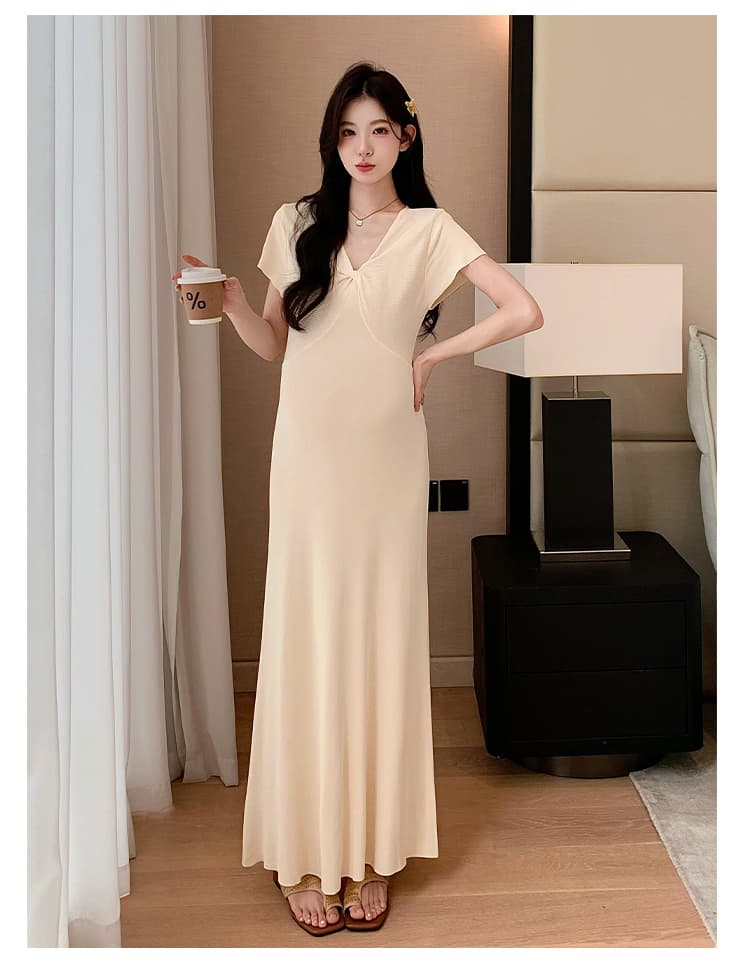 실사 지금 지금 높은 품질 얇은 스타일 차가운 센스 니트 임산부 여름 드레스 매운맛 엄마 몸매 가꾸기 V넥 임산부 드레스 상세 이미지 21