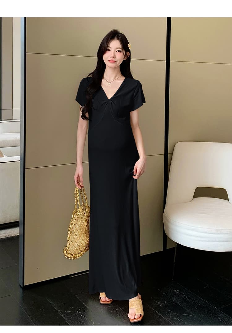 실사 지금 지금 높은 품질 얇은 스타일 차가운 센스 니트 임산부 여름 드레스 매운맛 엄마 몸매 가꾸기 V넥 임산부 드레스 상세 이미지 24