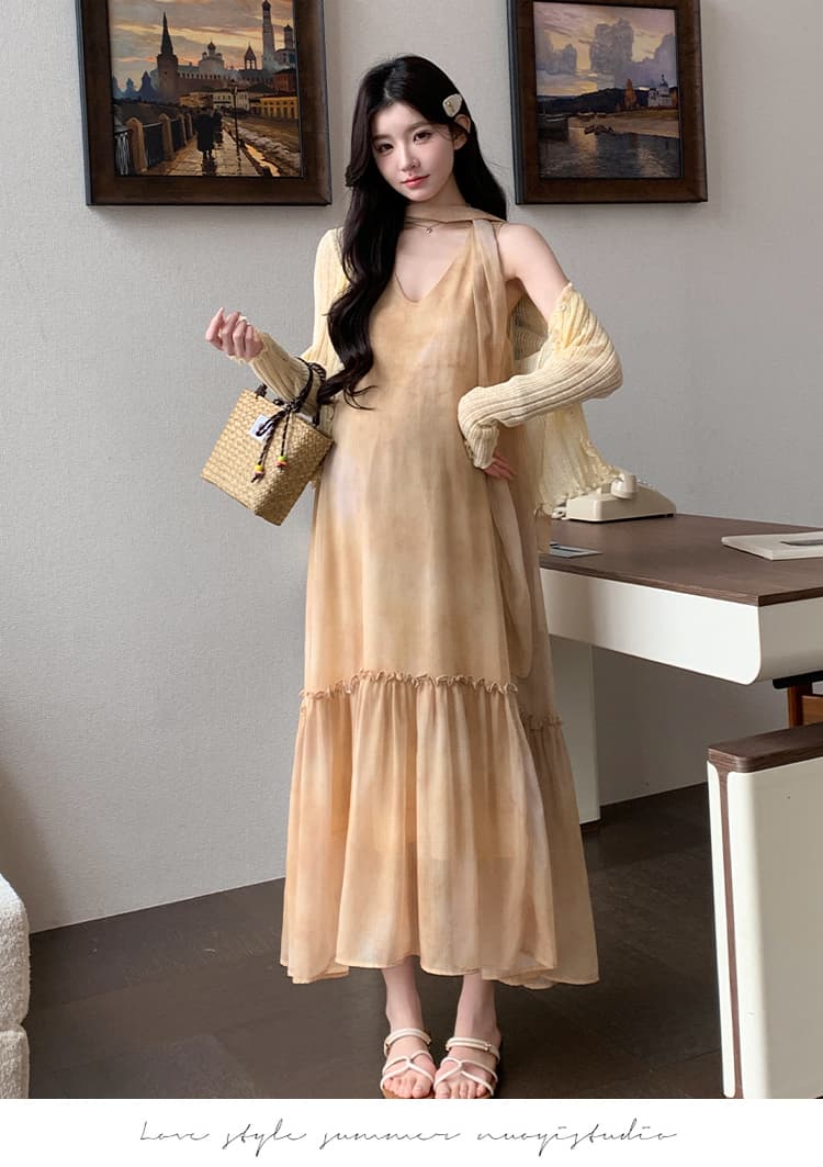 실사 선물 물품 새로운 한국 스타일 외국 가스 휴가 바람 조끼 스커트 자외선 차단 오픈 가디건 투피스 세트 임산부 세트 상세 이미지 11