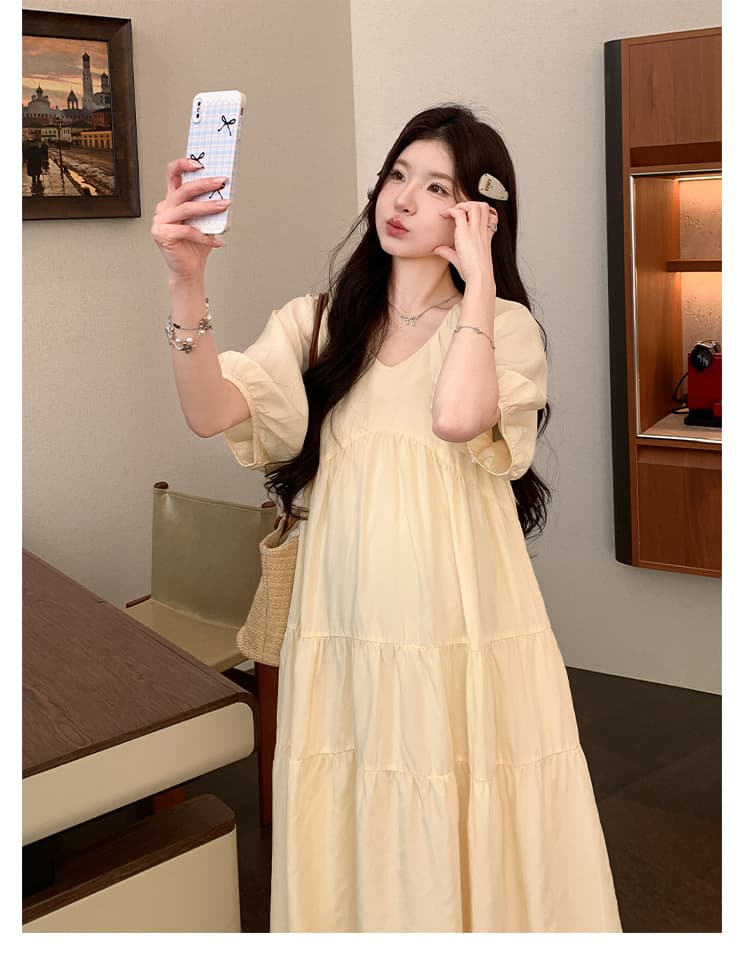 실사 지금 지금 한국 스타일 출산 착용 V넥 빅 사이즈 패션 임산부 드레스 하이웨이스트 작은 키 출산 스커트 상세 이미지 21
