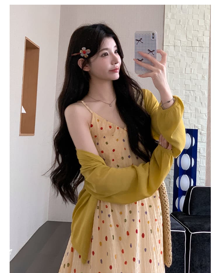 실사 선물 물품 새로운 한국 스타일 도트 무늬 외국 가스 휴가 바람 슬립 드레스 자외선 차단 오픈 가디건 투피스 세트 임산부 세트 상세 이미지 8