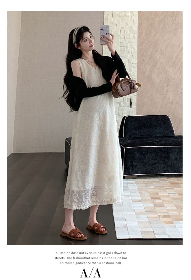 실사 선물 물품 새로운 한국 스타일 레이스 외국 가스 휴가 바람 슬립 드레스 자외선 차단 오픈 가디건 투피스 세트 임산부 세트 상세 이미지 7