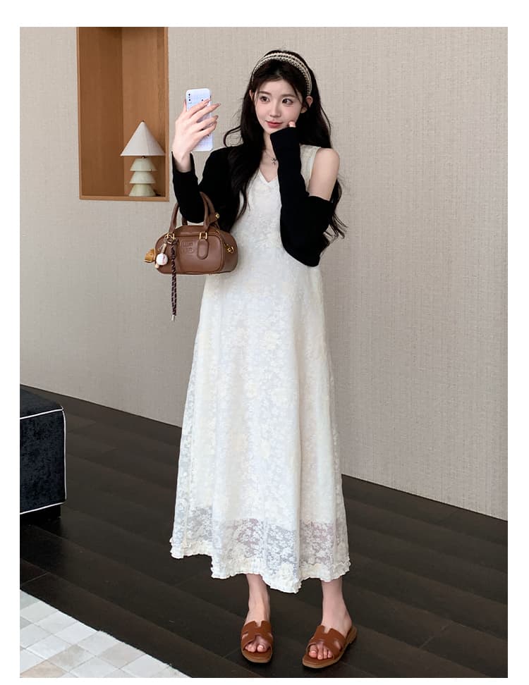 실사 선물 물품 새로운 한국 스타일 레이스 외국 가스 휴가 바람 슬립 드레스 자외선 차단 오픈 가디건 투피스 세트 임산부 세트 상세 이미지 13