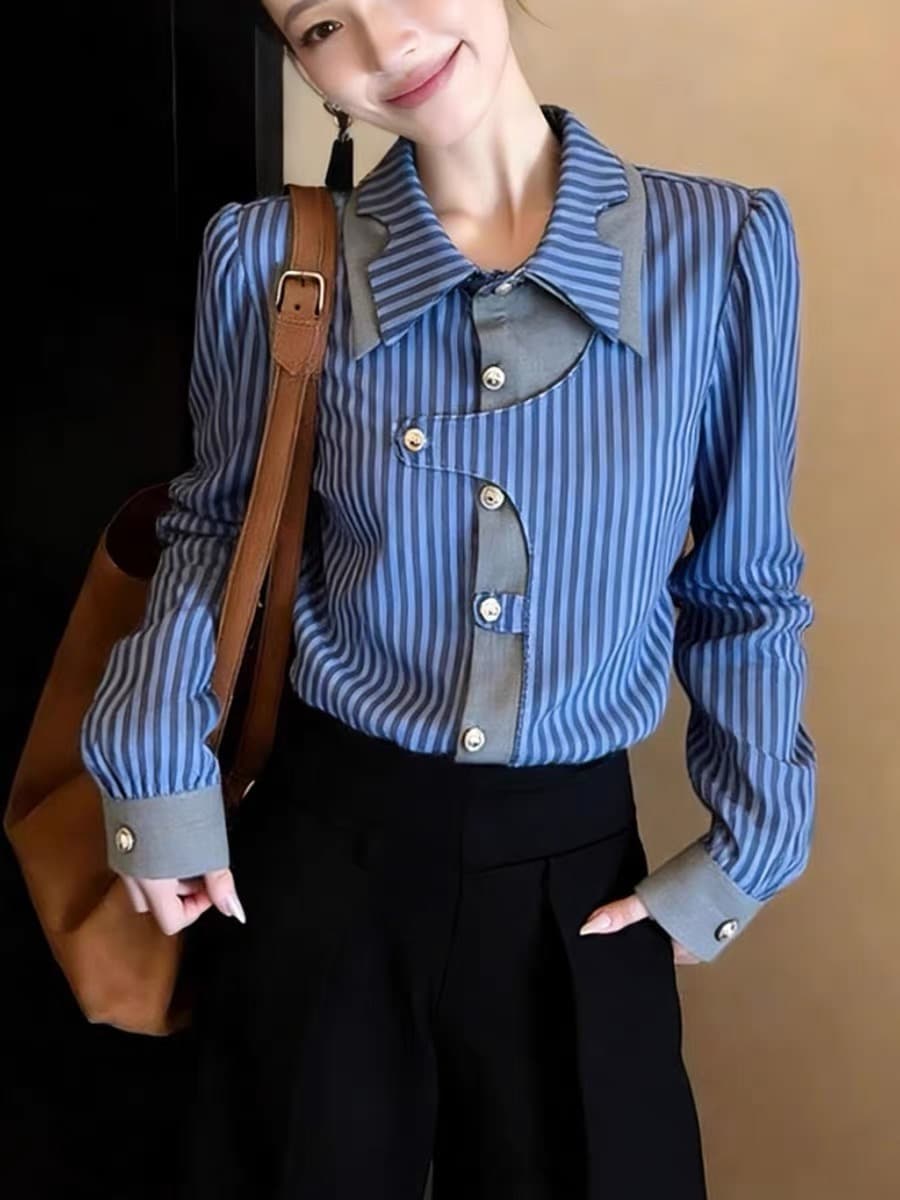 프랑스식 빛 요리 한 바람 고급 센스 빛 럭셔리 연령 감소 맨위 고급 센스 슈퍼 잘 생긴 파란색 POLO 칼라 여성 셔츠 봄 이미지 2