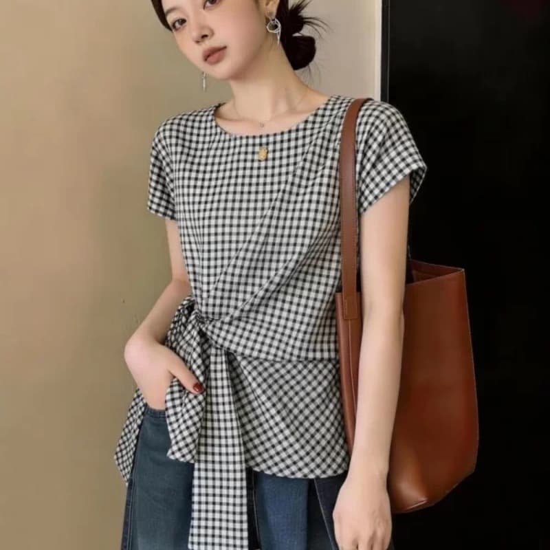 슈퍼 잘 생긴 프랑스식 디자인 센스 스트랩 레트로 체크무늬 반팔 여성 셔츠 여름 고급 센스 표지 고기 슬림해 보이는 맨위 트렌디 이미지 5