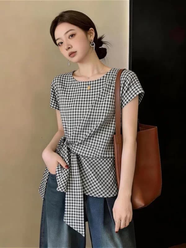 슈퍼 잘 생긴 프랑스식 디자인 센스 스트랩 레트로 체크무늬 반팔 여성 셔츠 여름 고급 센스 표지 고기 슬림해 보이는 맨위 트렌디 상세 이미지 7