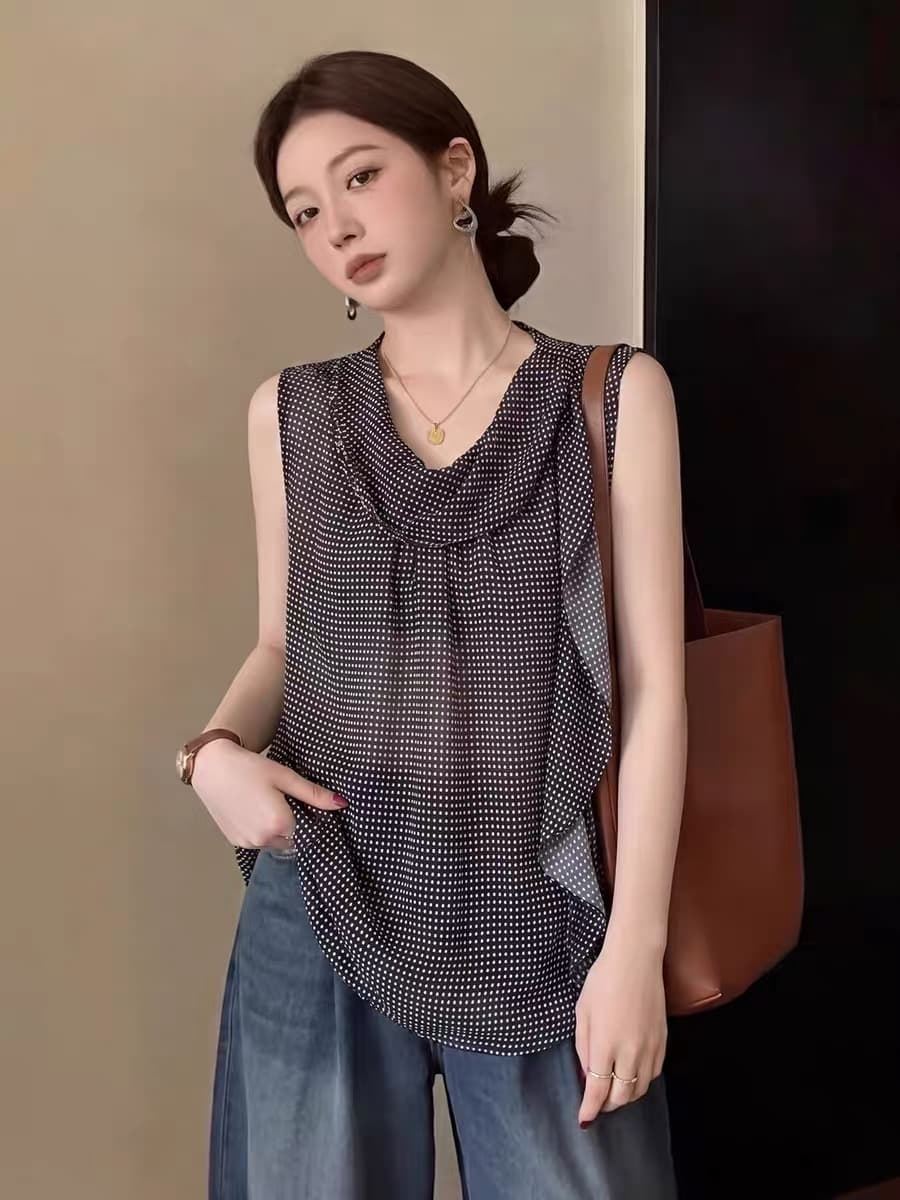 2026 여름 새로운 한 부서 체크무늬 민소매 조끼 여성 외출용 루즈핏 프릴 리본 디자인 센스 맨위 트렌디 이미지 3