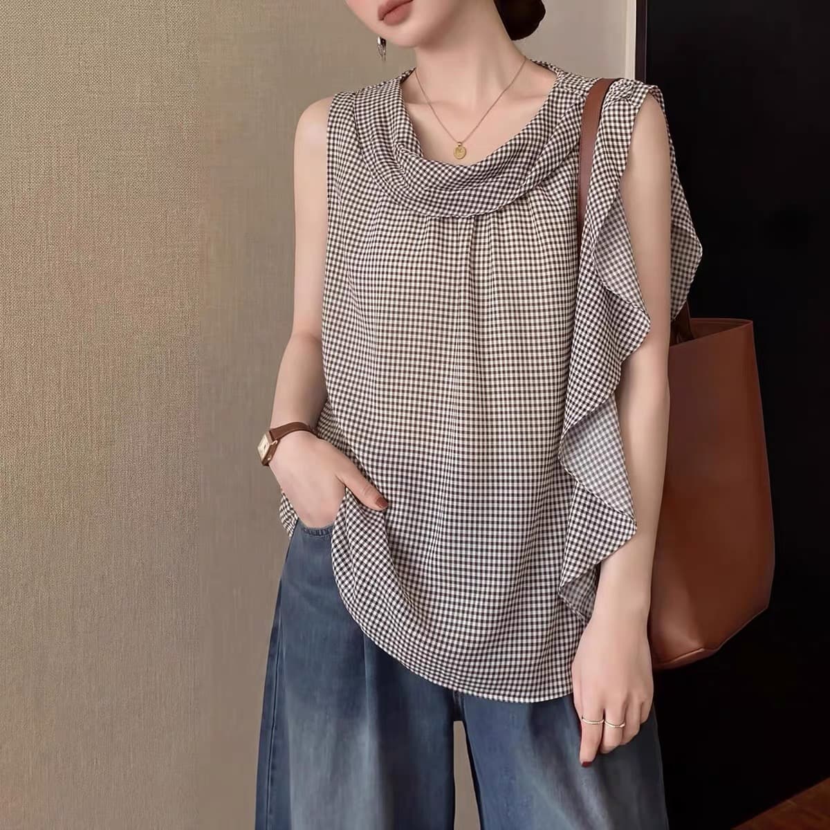 2026 여름 새로운 한 부서 체크무늬 민소매 조끼 여성 외출용 루즈핏 프릴 리본 디자인 센스 맨위 트렌디 상세 이미지 6