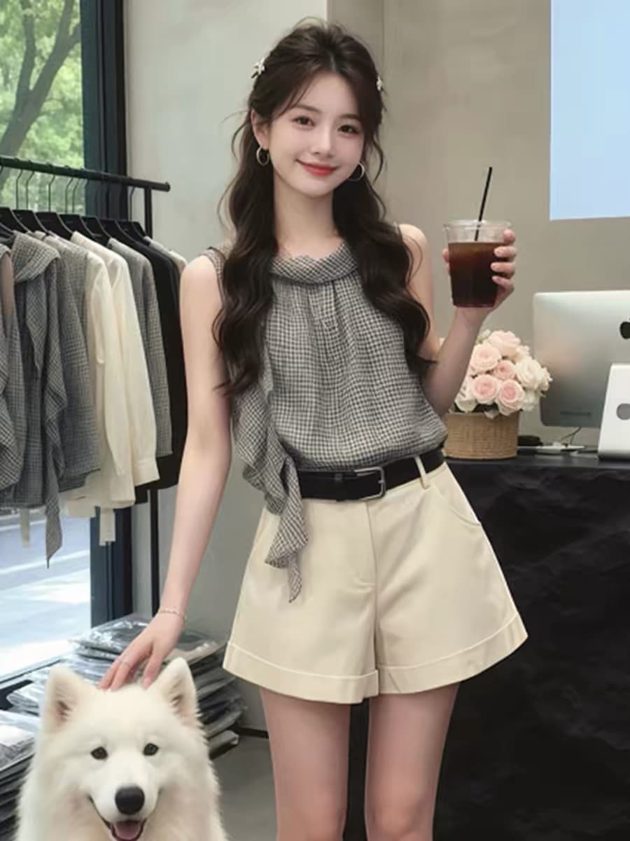 작은 키 품격 연령 감소 리본 민소매 체크무늬 맨위 여성 2026 여름 새로운 다용도 캐주얼 슬림해 보이는 작은 셔츠