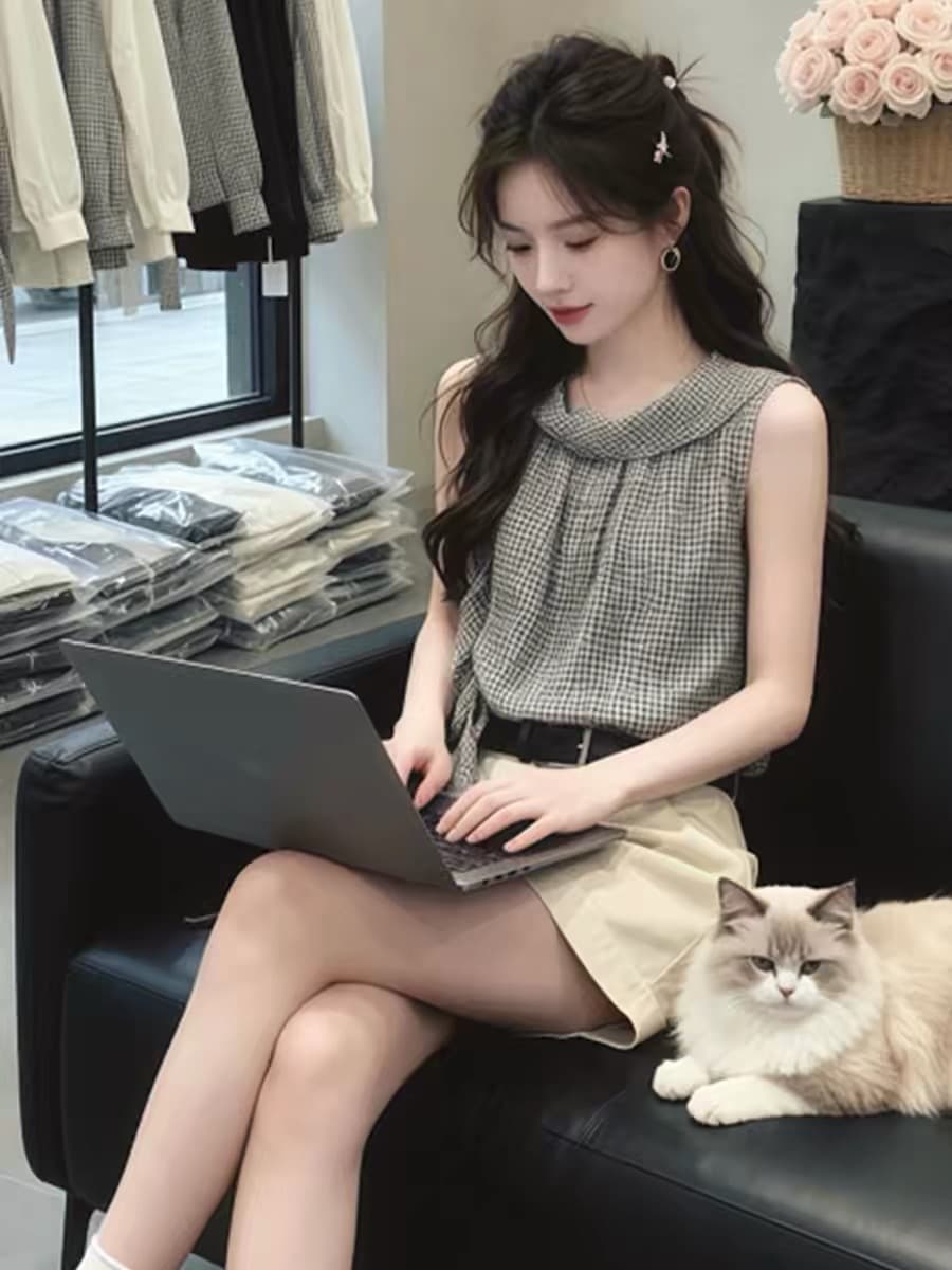 작은 키 품격 연령 감소 리본 민소매 체크무늬 맨위 여성 2026 여름 새로운 다용도 캐주얼 슬림해 보이는 작은 셔츠 이미지 3