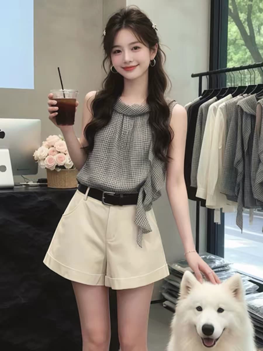 작은 키 품격 연령 감소 리본 민소매 체크무늬 맨위 여성 2026 여름 새로운 다용도 캐주얼 슬림해 보이는 작은 셔츠 이미지 4