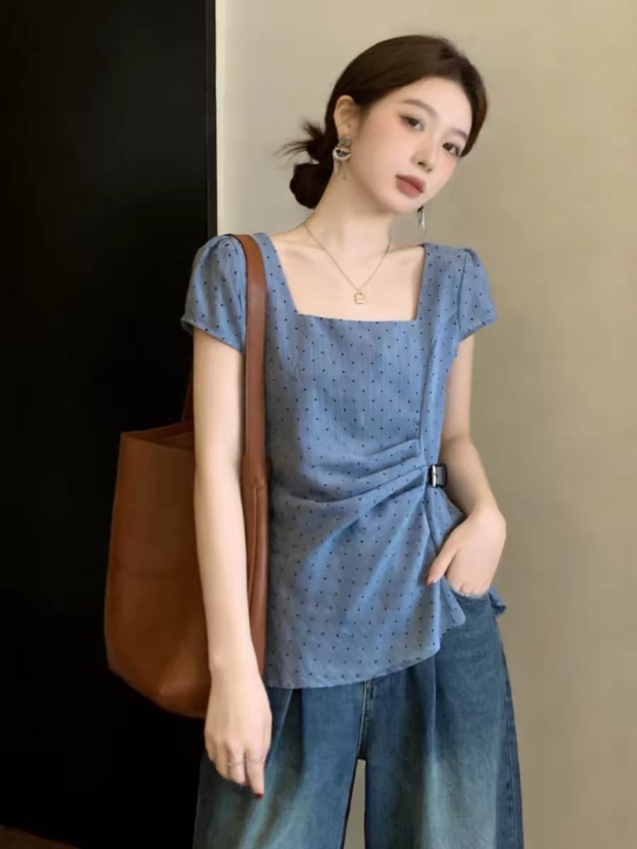 프랑스식 광장 칼라 파란색 도트 무늬 여성 셔츠 여름 새로운 품격 출퇴근 주름 허리 수축 슬림해 보이는 고급 센스 맨위 이미지 3