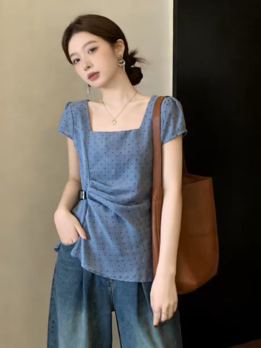 프랑스식 광장 칼라 파란색 도트 무늬 여성 셔츠 여름 새로운 품격 출퇴근 주름 허리 수축 슬림해 보이는 고급 센스 맨위 상세 이미지 5