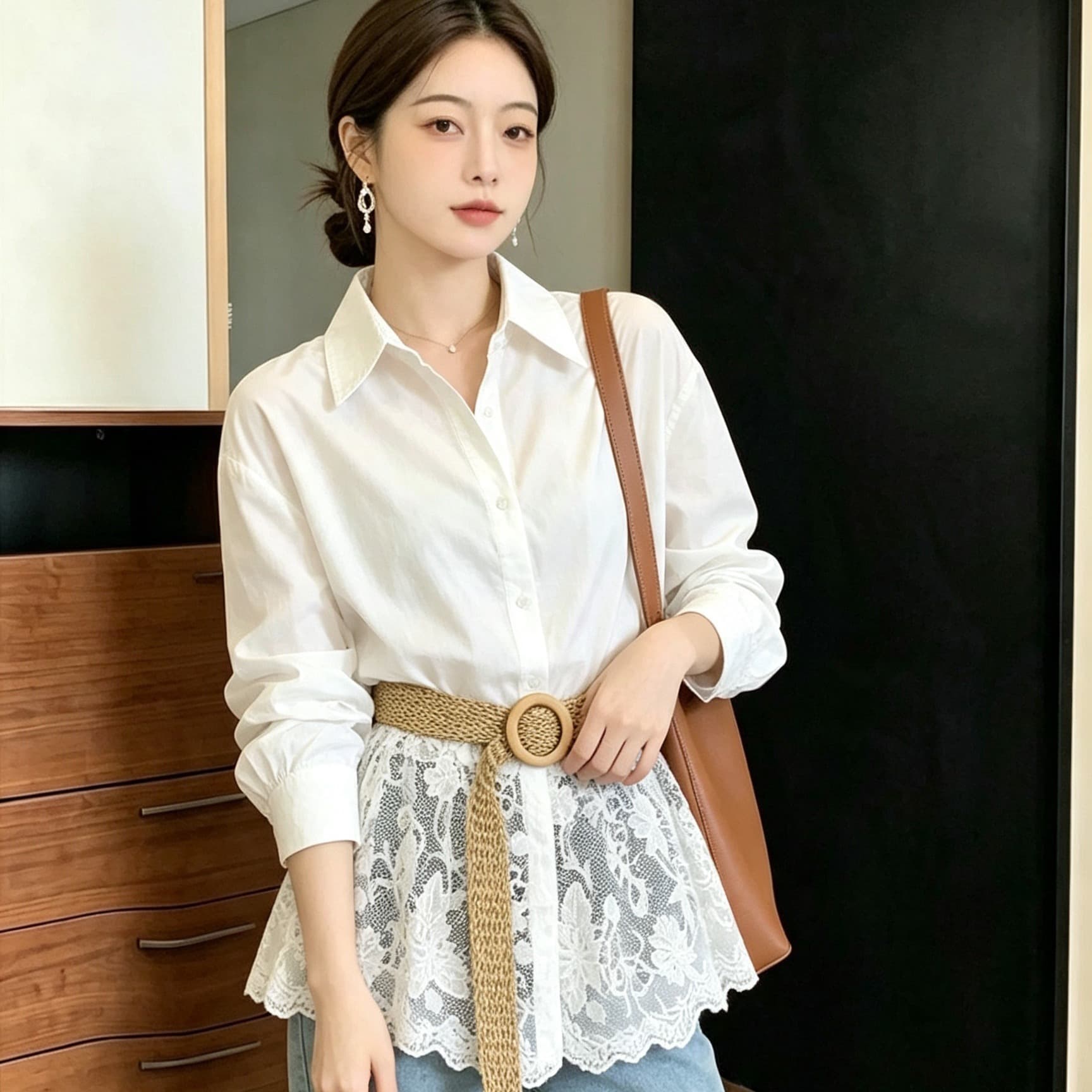 한 부서 화이트 레이스 조각 긴팔 여성 셔츠 프랑스식 맨위 벨트 포함 품격 슬림해 보이는 2026 이른 가을 새로운 이미지 5