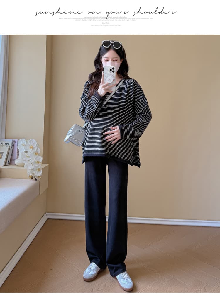 실사 출산 착용 V넥 스트라이프 스웨터 가을 겨울 새로운 느긋한 바람 캐주얼 루즈핏 슬림해 보이는 다용도 풀오버 맨위 상세 이미지 31
