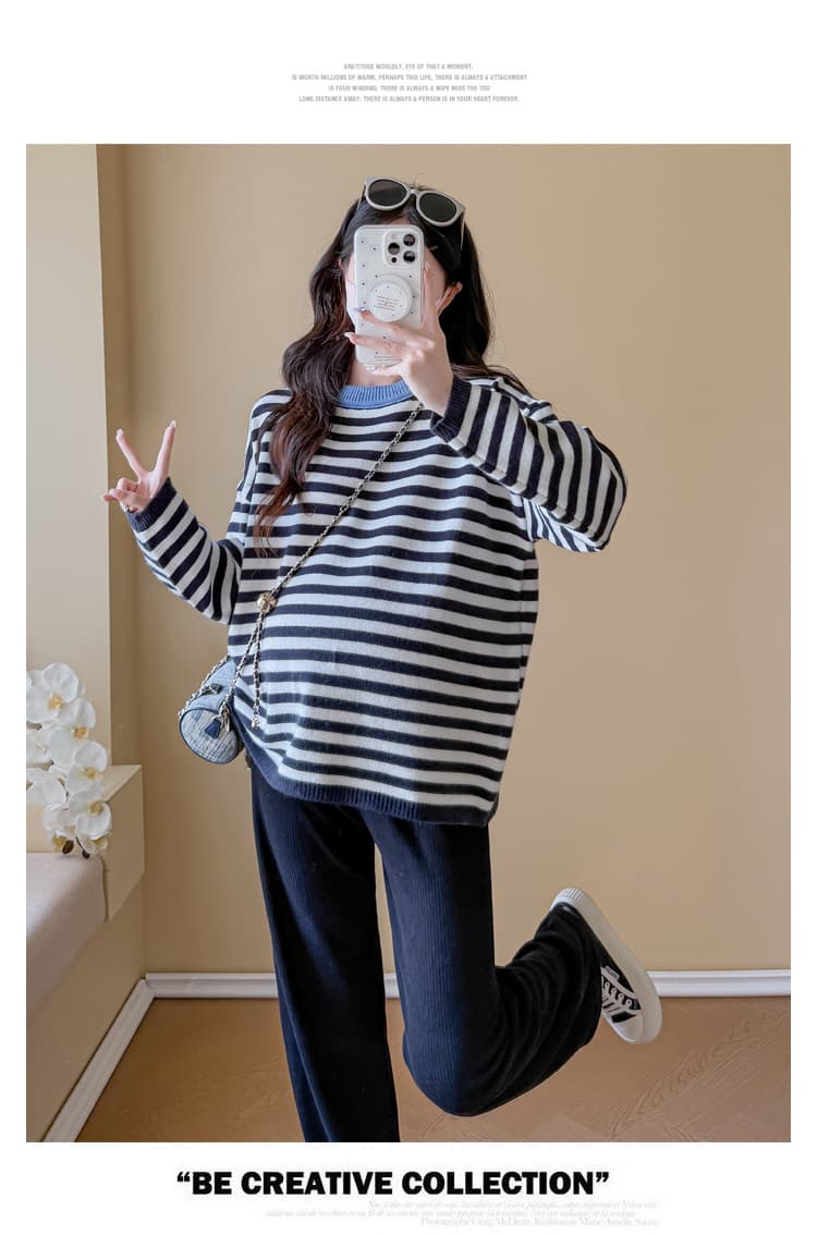 실사 출산 착용 라운드 넥 스트라이프 스웨터 가을 겨울 새로운 느긋한 바람 캐주얼 루즈핏 슬림해 보이는 다용도 풀오버 맨위 상세 이미지 13