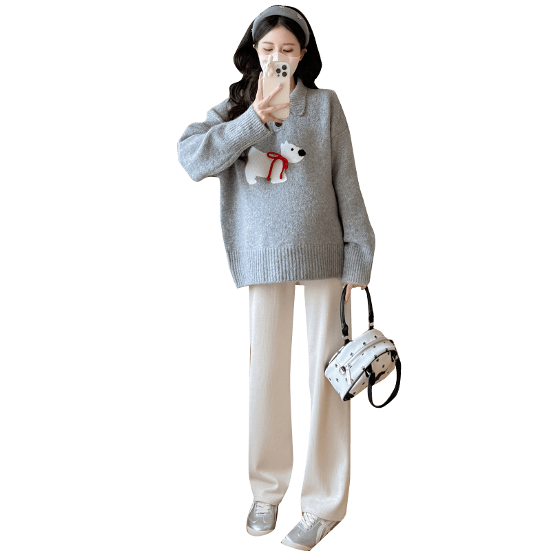 실사 출산 착용 스웨터 가을 겨울 새로운 캐주얼 루즈핏 슬림해 보이는 단색 폴로 칼라 맨위 와이드 레그 팬츠 세트 이미지 5