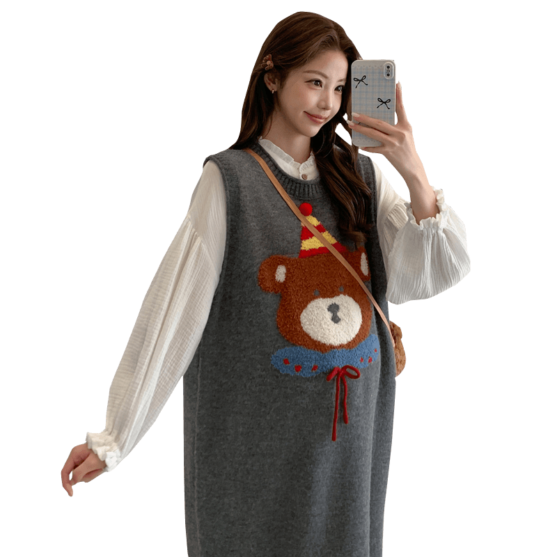 실사 출산 착용 품격 작은 곰 스웨터 베스트 드레스 가을 겨울 패션 화이트 중간 길이 셔츠 치마 세트 이미지 6