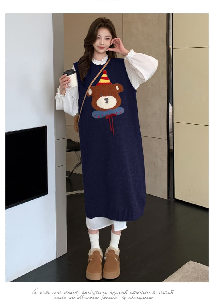 실사 출산 착용 품격 작은 곰 스웨터 베스트 드레스 가을 겨울 패션 화이트 중간 길이 셔츠 치마 세트 상세 이미지 24