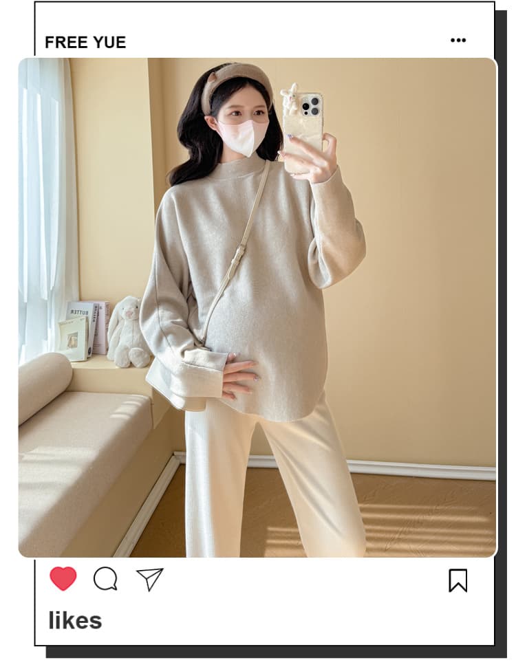 실사 출산 착용 스웨터 가을 겨울 새로운 느긋한 바람 캐주얼 루즈핏 슬림해 보이는 단색 맨위 와이드 레그 팬츠 세트 상세 이미지 3