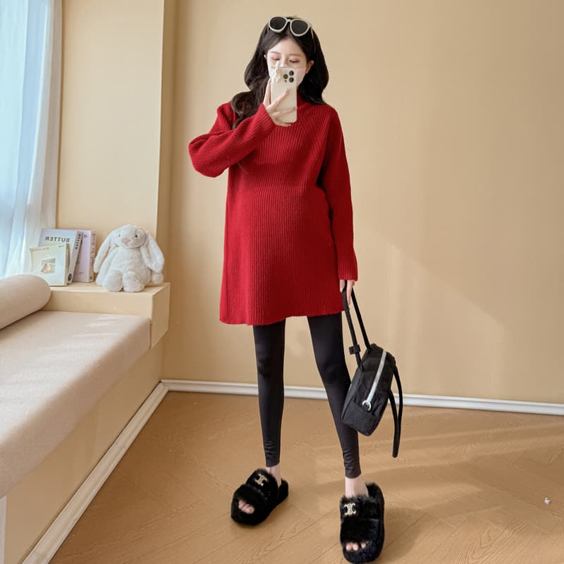 실사 출산 착용 라운드 넥 단색 스웨터 가을 겨울 새로운 느긋한 바람 캐주얼 루즈핏 슬림해 보이는 중간 길이 맨위 이미지 4