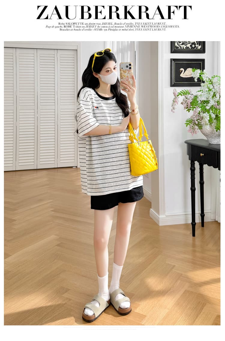 실사 2026 출산 착용 여름 드레스 새로운 라운드 넥 스트라이프 루즈핏 느긋한 바람 캐주얼 다용도 자수 강아지 맨위 상세 이미지 13