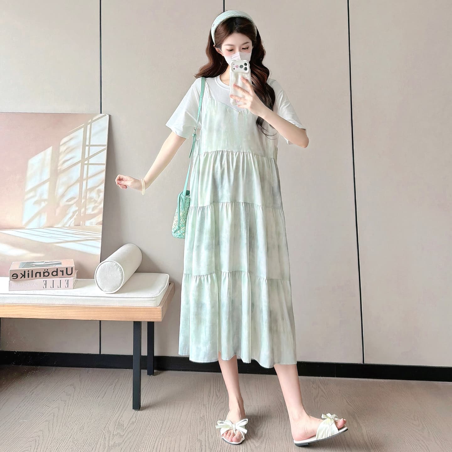 실사 출산 착용 여름 반팔 패션 페이크 레이어드 배색 홀치기 염색 패치워크 루즈핏 슬림해 보이는 연령 감소 드레스 이미지 5