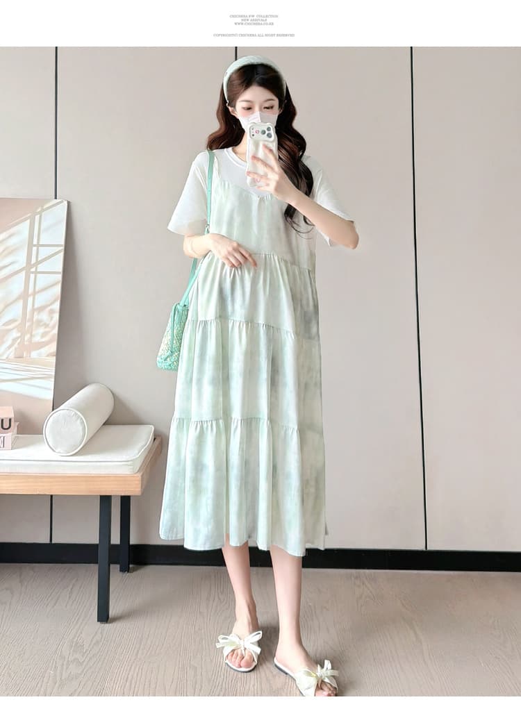 실사 출산 착용 여름 반팔 패션 페이크 레이어드 배색 홀치기 염색 패치워크 루즈핏 슬림해 보이는 연령 감소 드레스 상세 이미지 14