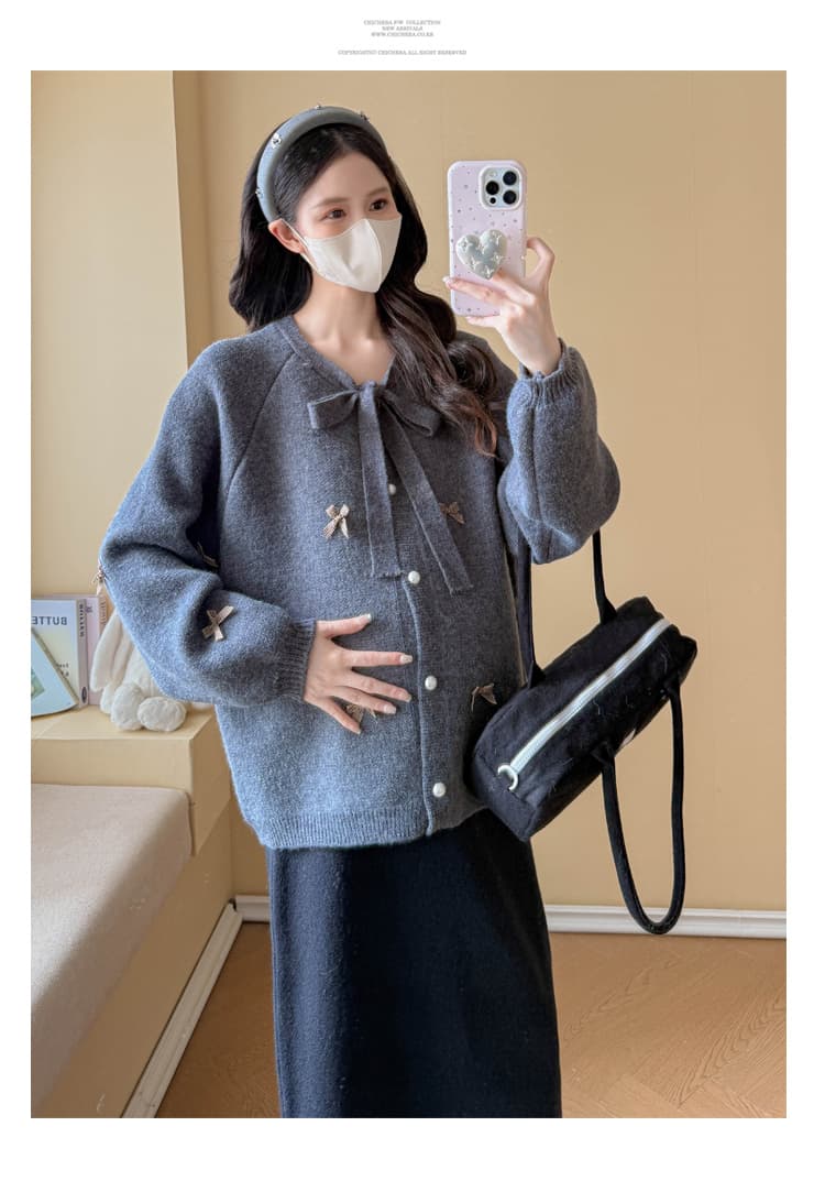 실사 임산부 가을 겨울 패션 루즈핏 슬림해 보이는 달콤함 연령 감소 스웨터 오픈 가디건 다용도 재킷 반신 치마 세트 상세 이미지 19