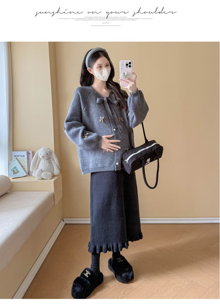 실사 임산부 가을 겨울 패션 루즈핏 슬림해 보이는 달콤함 연령 감소 스웨터 오픈 가디건 다용도 재킷 반신 치마 세트 상세 이미지 22