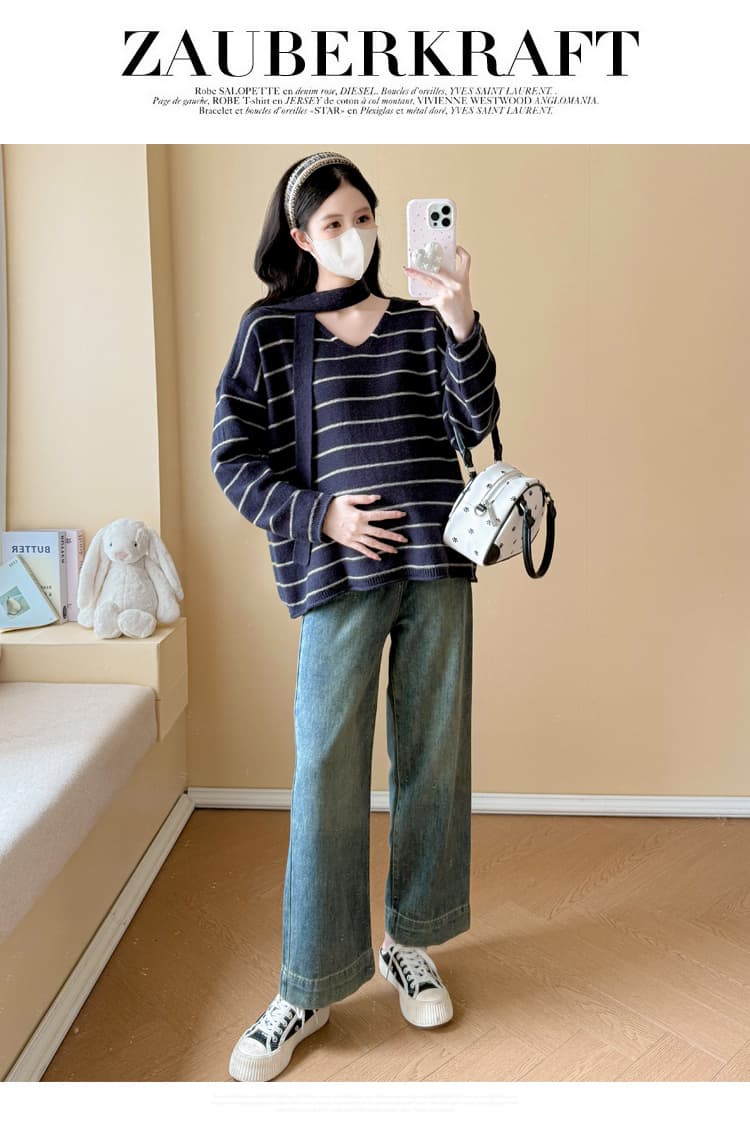 실사 출산 착용 스트라이프 V넥 스웨터 가을 겨울 새로운 느긋한 바람 캐주얼 루즈핏 슬림해 보이는 다용도 풀오버 맨위 상세 이미지 15