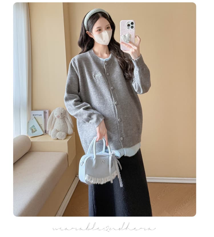 실사 임산부 가을 겨울 패션 루즈핏 슬림해 보이는 연령 감소 스웨터 오픈 가디건 다용도 재킷 조정 반신 치마 세트 상세 이미지 15