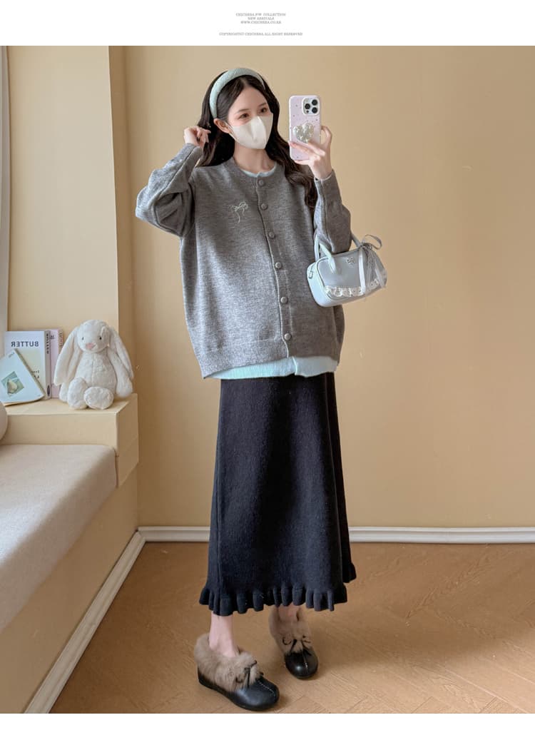실사 임산부 가을 겨울 패션 루즈핏 슬림해 보이는 연령 감소 스웨터 오픈 가디건 다용도 재킷 조정 반신 치마 세트 상세 이미지 16