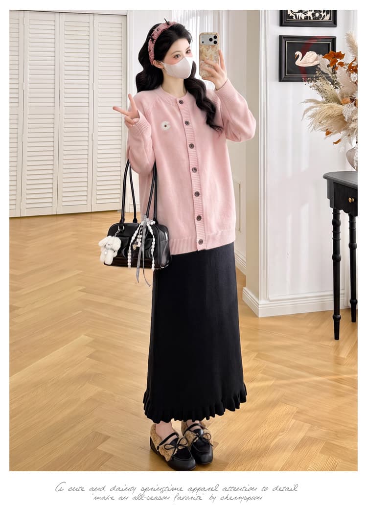 실사 임산부 가을 겨울 패션 슬림해 보이는 연령 감소 작은 데이지 스웨터 카디건 코트 조정 반신 치마 세트 상세 이미지 11