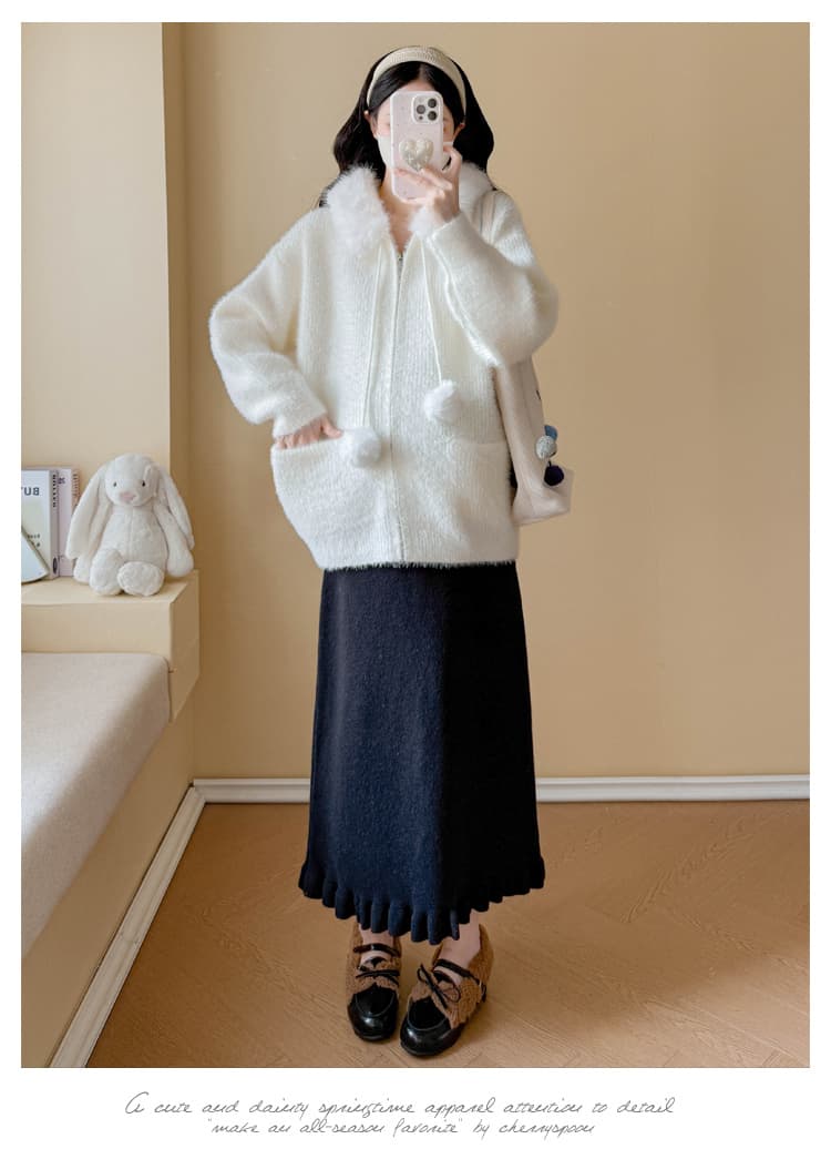 실사 임산부 가을 겨울 패션 슬림해 보이는 연령 감소 스웨터 후드 모피 칼라 카디건 코트 조정 반신 치마 세트 상세 이미지 11