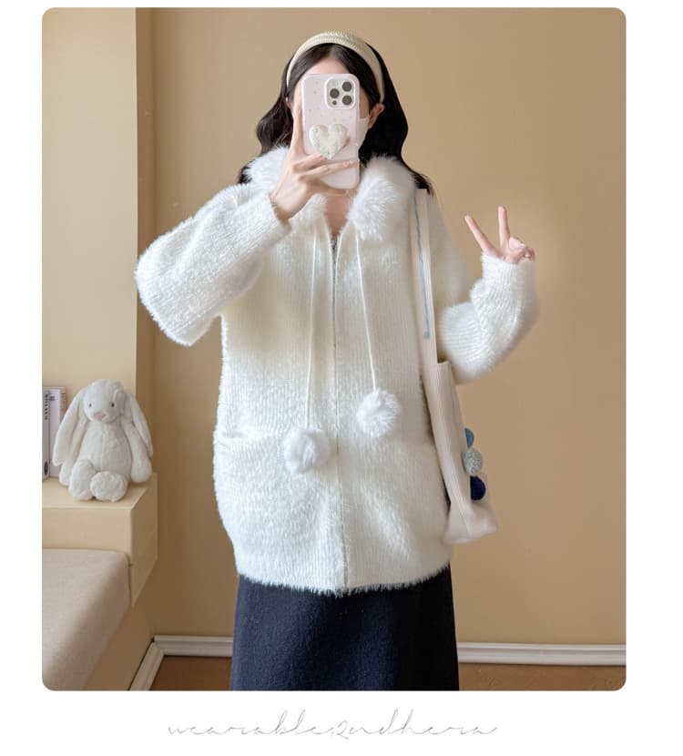 실사 임산부 가을 겨울 패션 슬림해 보이는 연령 감소 스웨터 후드 모피 칼라 카디건 코트 조정 반신 치마 세트 상세 이미지 14
