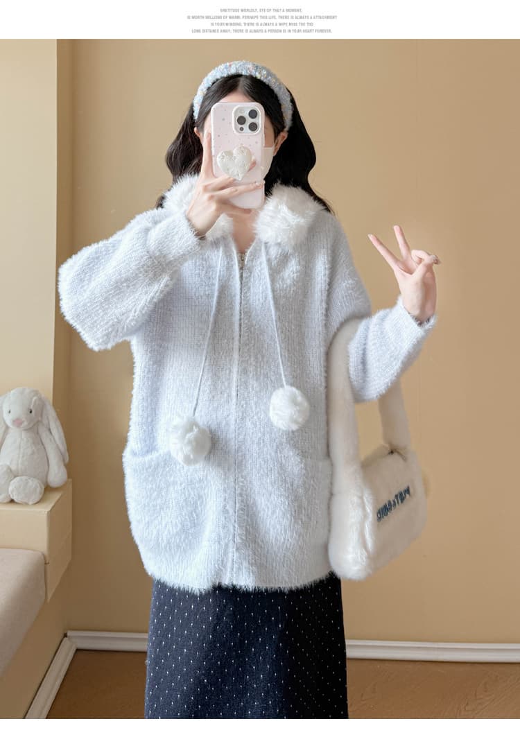 실사 임산부 가을 겨울 패션 슬림해 보이는 연령 감소 스웨터 후드 모피 칼라 카디건 코트 조정 반신 치마 세트 상세 이미지 21