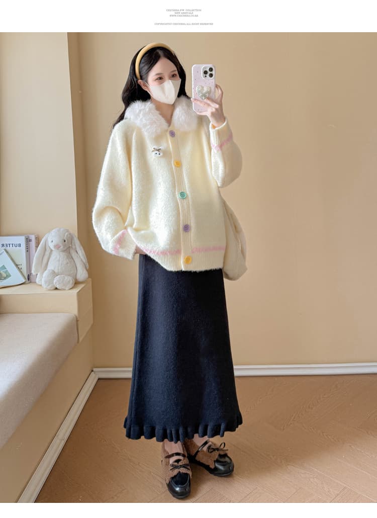 실사 임산부 가을 겨울 패션 슬림해 보이는 연령 감소 스웨터 후드 모피 칼라 카디건 코트 조정 반신 치마 세트 상세 이미지 15