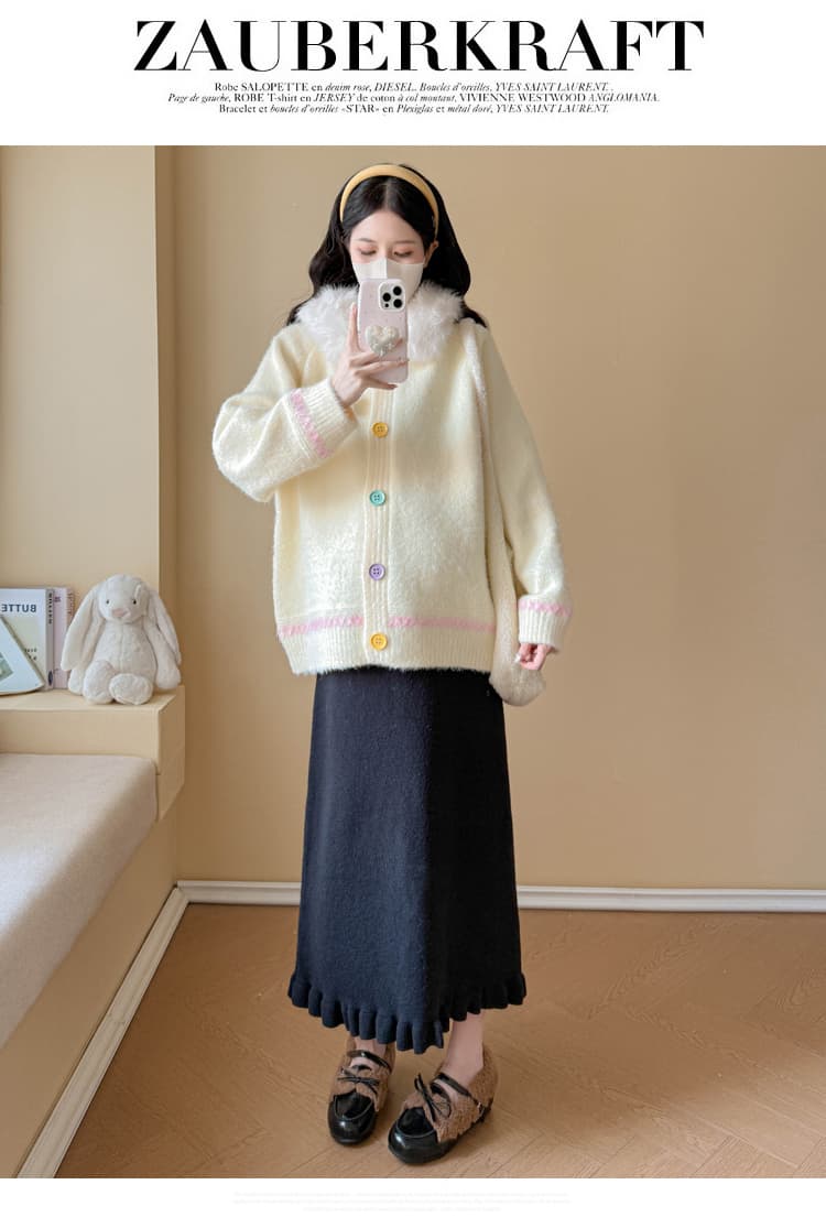 실사 임산부 가을 겨울 패션 슬림해 보이는 연령 감소 스웨터 후드 모피 칼라 카디건 코트 조정 반신 치마 세트 상세 이미지 16